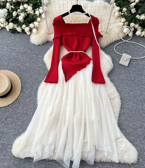 French fashion long-sleeved knitted fairy dress, fluffy irregular mesh stitching front 