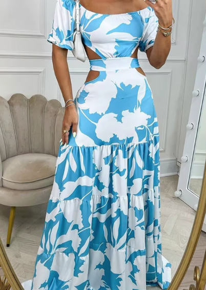 Fashion women's slim printed hollow lace-up dress