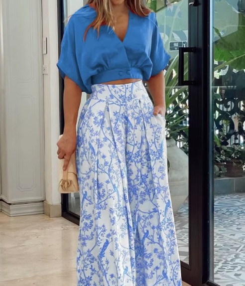 Women's summer v-neck two-piece casual sexy party top and pants women's bohemian beach wear