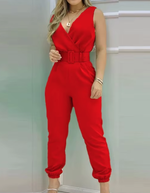 New fashion printed v-neck sleeveless backless high-waisted jumpsuit with belt