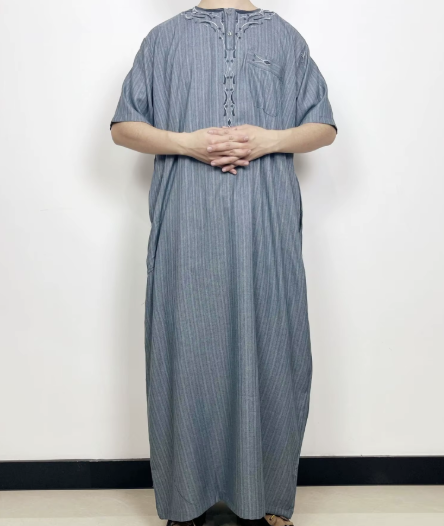  Embroidery Robe Men Short Sleeve Design Multi-Pockets Turbans Abaya Embossed 