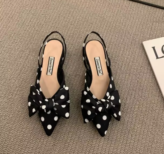 Luxury Thick Heel Bowknot Closed Toe Flat Sandals New Spring Summer Women's Black Polka Dot Low Heel Pumps Shoes