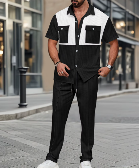 2025 Summer New Waffle Set Casual Button Pockets Colorful Short Sleeve Shirt + Long Pants Two-Piece Set