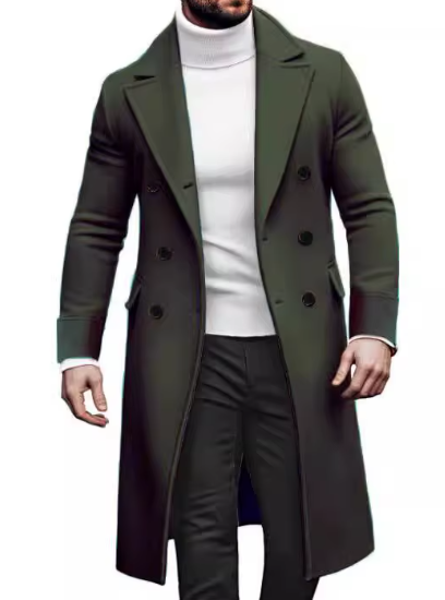 2024 Europe and America Autumn Winter New Woolen Solid Color Long Sleeve Double Breasted Lapel Collar Men's Long Coat
