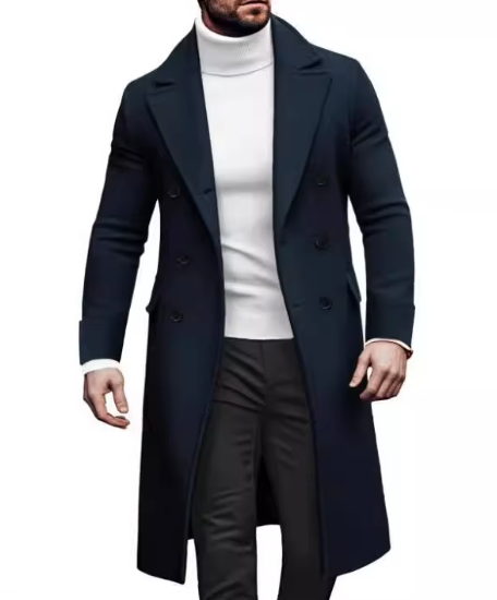 2024 Europe and America Autumn Winter New Woolen Solid Color Long Sleeve Double Breasted Lapel Collar Men's Long Coat