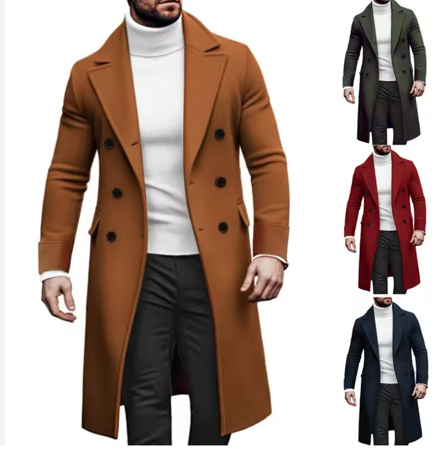 2024 Europe and America Autumn Winter New Woolen Solid Color Long Sleeve Double Breasted Lapel Collar Men's Long Coat