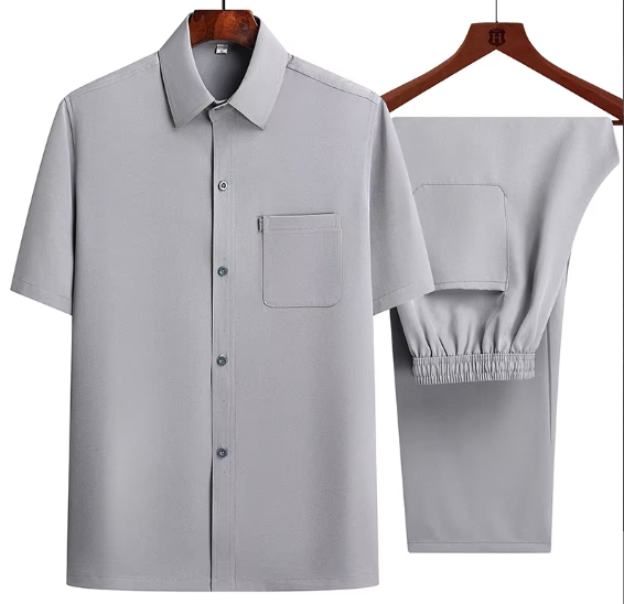 Men's Short Sleeve Shirt + Long Pants Suits Summer Clothes Lapel Button Solid Color 2 Piece Set Breathable Men's Casual Suits