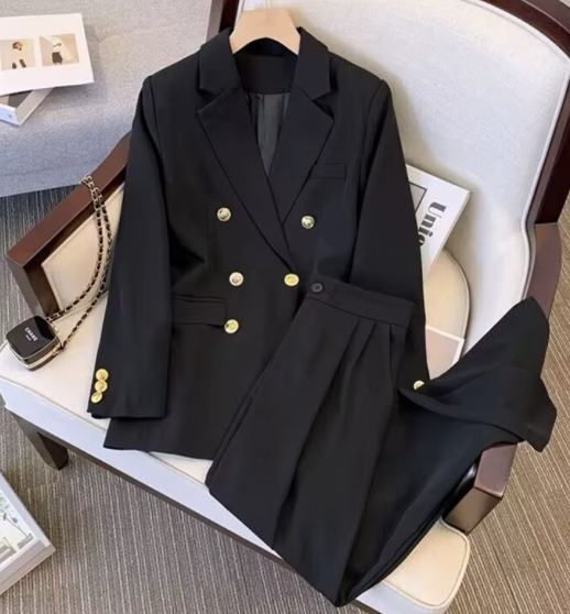 Women's double-breasted office suit hot-selling casual spring and autumn two-piece set clothes button decoration women's solid color set