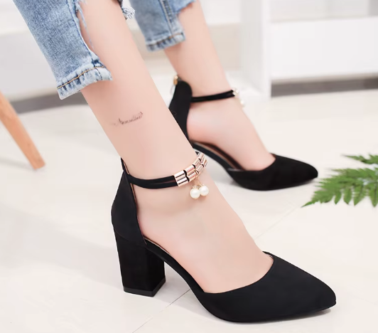 Women Pointy Chunky Heels Pumps Black Ankle Strap Heels for Women