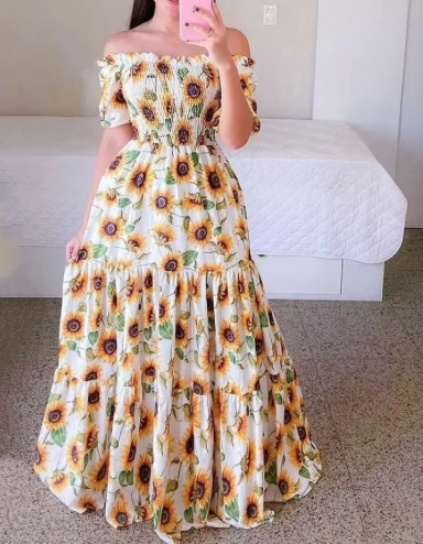 Wholesale elegant and sexy summer women's dress Maxi dress straight shoulder floral dress casual girl's dress