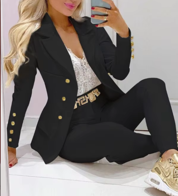 Women's casual elegant small set new solid color two-piece set spring and autumn slim buckle decoration