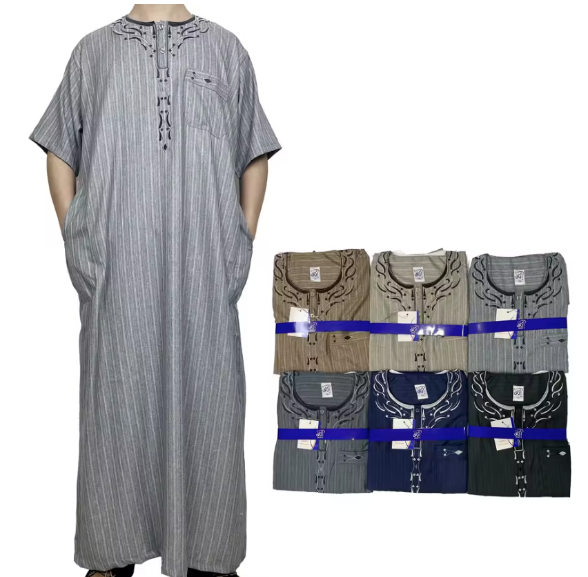 Embroidery Robe Men Short Sleeve Design Multi-Pockets Turbans Abaya Embossed