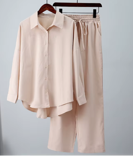 Fashion spring and summer new loose elastic wrinkled long-sleeved shirt wide-leg pants casual suit women's 2-piece set
