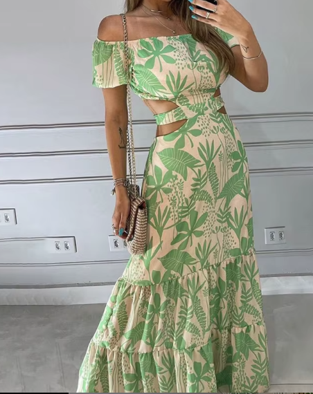 Fashion women's slim printed hollow lace-up dress