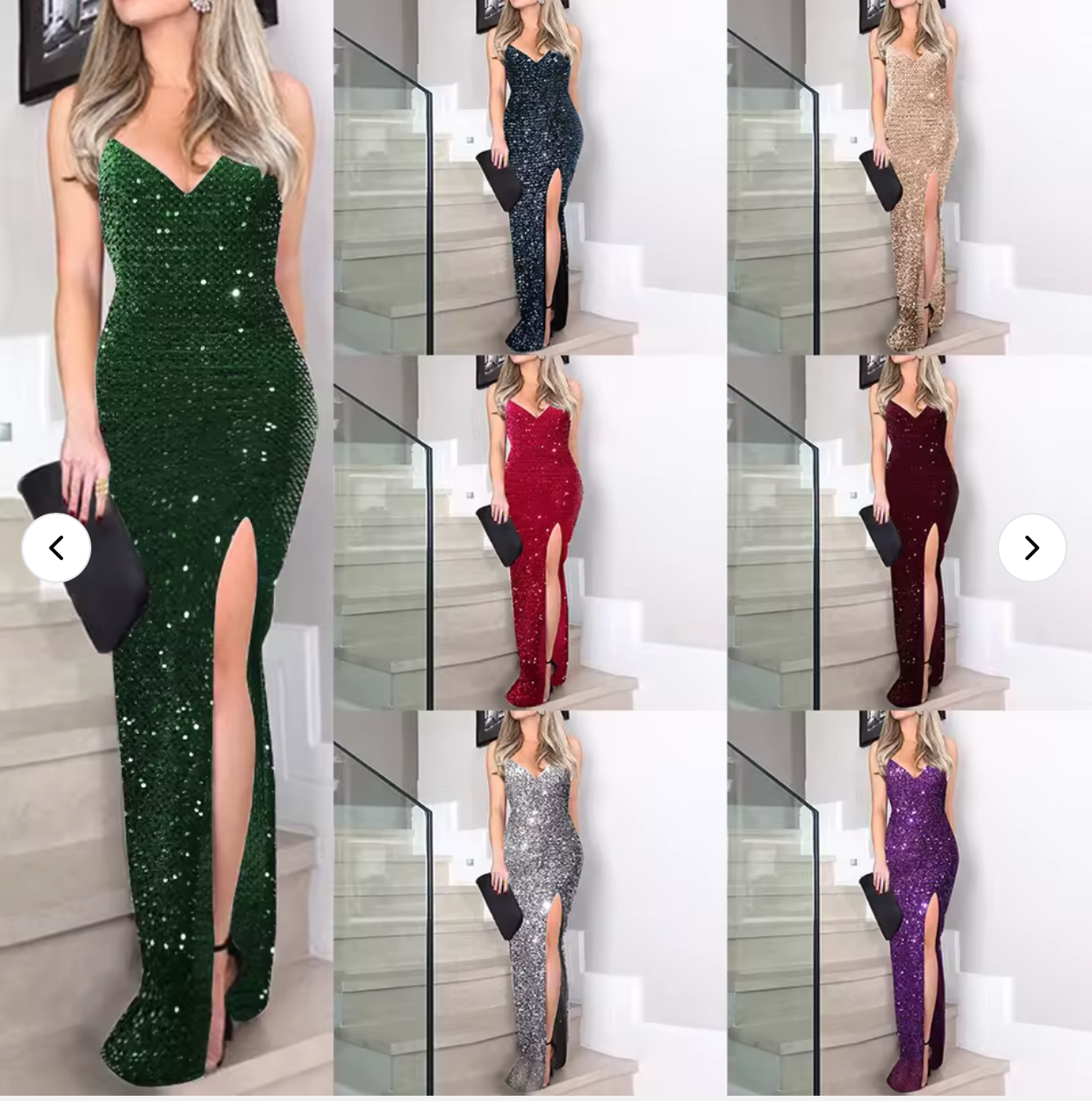 Women's sexy v-neck club party evening dress long bead sequin high open seam spaghetti strip with polyester natural waistline
