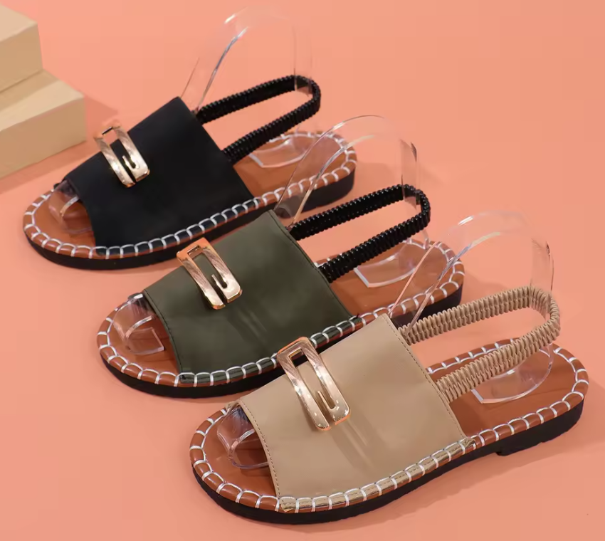 Women's New Summer Flat Cross-Border Large Size Beach Shoes Elastic Cloth Metal Decorations Outdoor Style