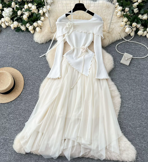 French fashion long-sleeved knitted fairy dress, fluffy irregular mesh stitching front 