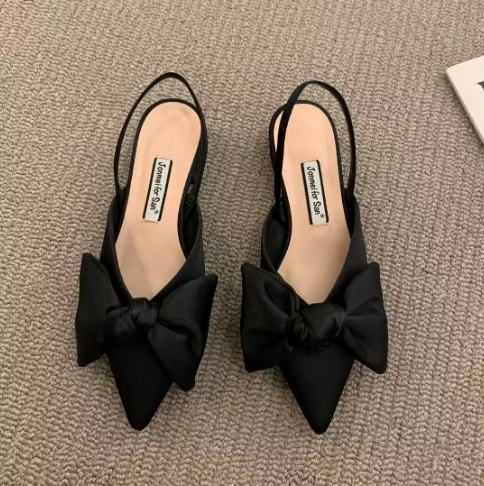 Luxury Thick Heel Bowknot Closed Toe Flat Sandals New Spring Summer Women's Black Polka Dot Low Heel Pumps Shoes