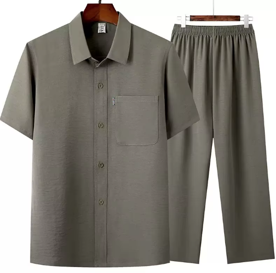 Men's Short Sleeve Shirt + Long Pants Suits Summer Clothes Lapel Button Solid Color 2 Piece Set Breathable Men's Casual Suits