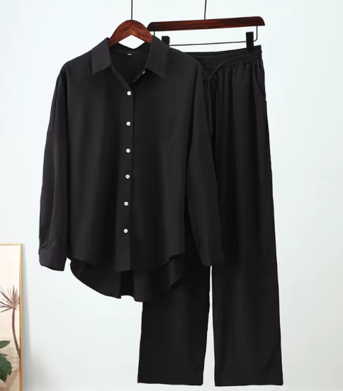 Fashion spring and summer new loose elastic wrinkled long-sleeved shirt wide-leg pants casual suit women's 2-piece set