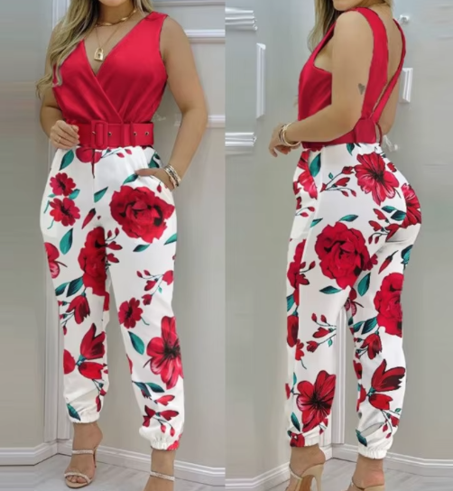 New fashion printed v-neck sleeveless backless high-waisted jumpsuit with belt
