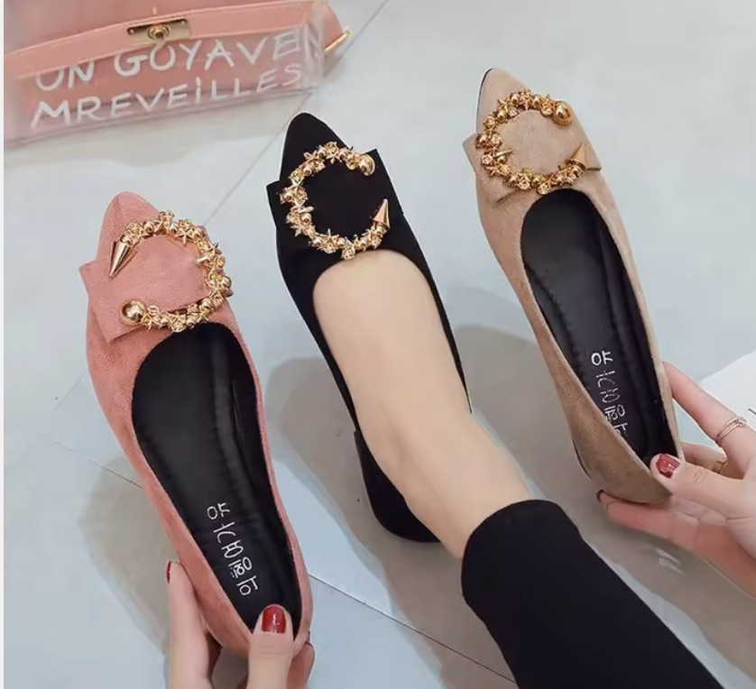New Arrivals Pointed Toe Gold-Colored Metal Decorations Flat Lightweight Outdoor Spring Women's Shoes