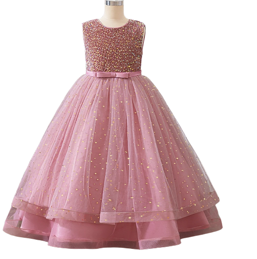 Summer fashion girl princess tulle dress casual o-neck satin floral Maxi design, with belt up to the knee, suitable for children's birthdays