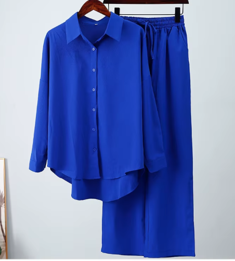 Fashion spring and summer new loose elastic wrinkled long-sleeved shirt wide-leg pants casual suit women's 2-piece set