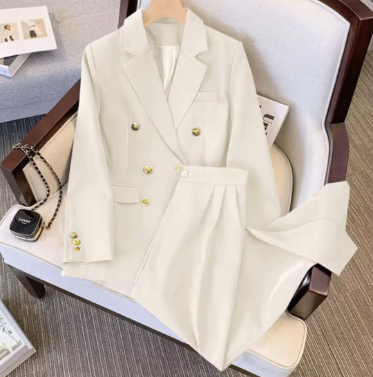 Women's double-breasted office suit hot-selling casual spring and autumn two-piece set clothes button decoration women's solid color set
