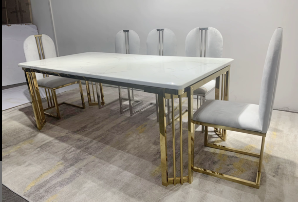 Luxury Gold Chrome Dining Table and 8 Chairs Furniture