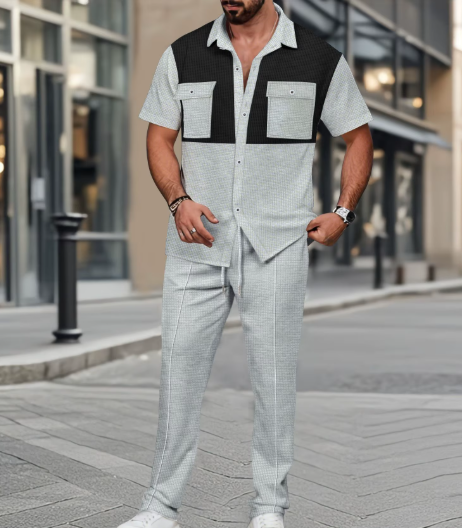 2025 Summer New Waffle Set Casual Button Pockets Colorful Short Sleeve Shirt + Long Pants Two-Piece Set