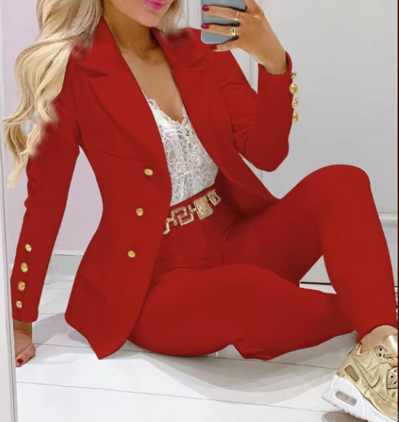 Women's casual elegant small set new solid color two-piece set spring and autumn slim buckle decoration