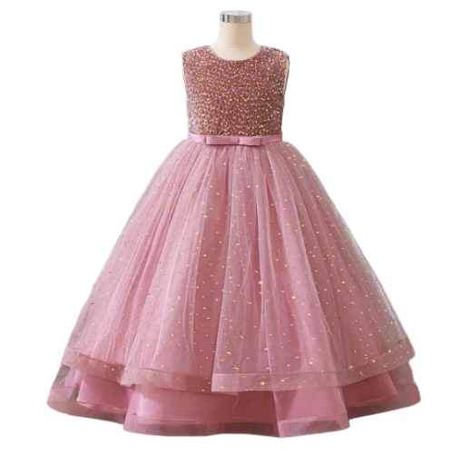 Summer fashion girl princess tulle dress casual o-neck satin floral Maxi design, with belt up to the knee, suitable for children's birthdays