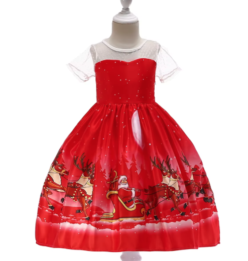 Children's sleeveless o-neck cartoon Santa Claus snowflake dress children's Christmas evening dress