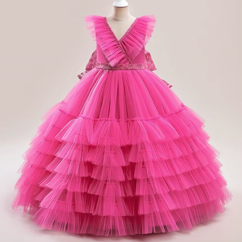 Elegant baby girl princess birthday party dress, lace cake flower three-dimensional pattern 