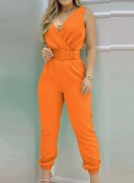 New fashion printed v-neck sleeveless backless high-waisted jumpsuit with belt