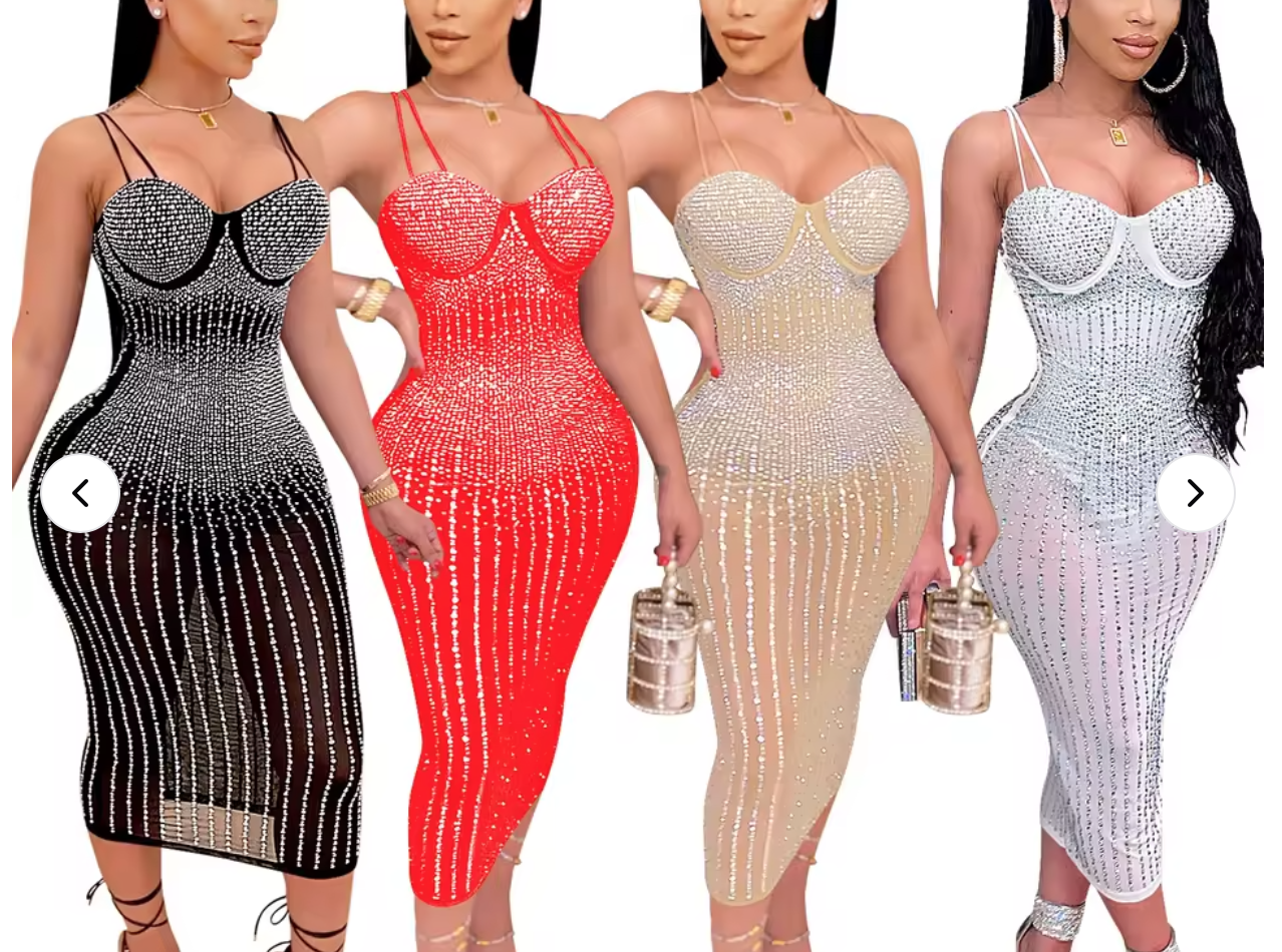 Sexy sequin glitter crystal Midi dress women's sleeveless strap close-up party club dress