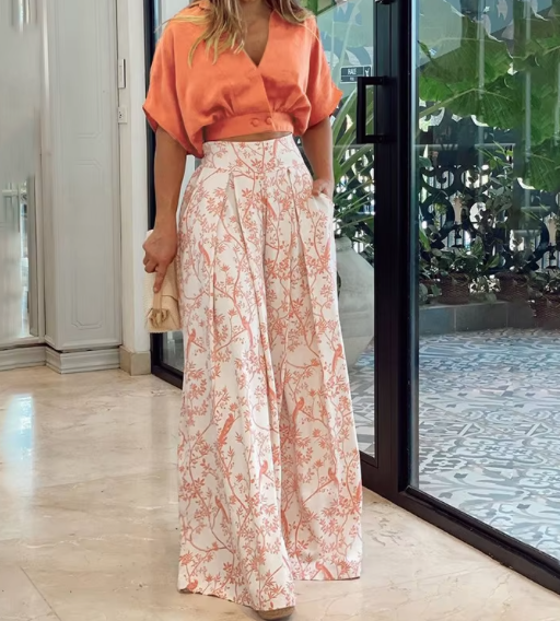 Women's summer v-neck two-piece casual sexy party top and pants women's bohemian beach wear