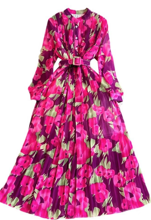 2025 Flower pleated dress women's high-quality standing bag casual party style digital print beach, medium-length breathable.