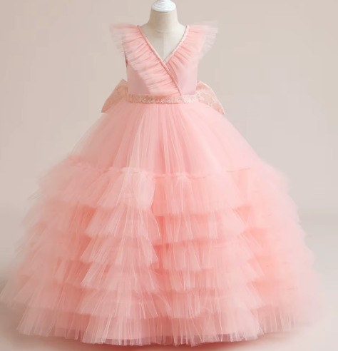 Elegant baby girl princess birthday party dress, lace cake flower three-dimensional pattern 