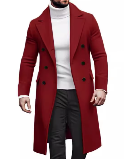 2024 Europe and America Autumn Winter New Woolen Solid Color Long Sleeve Double Breasted Lapel Collar Men's Long Coat