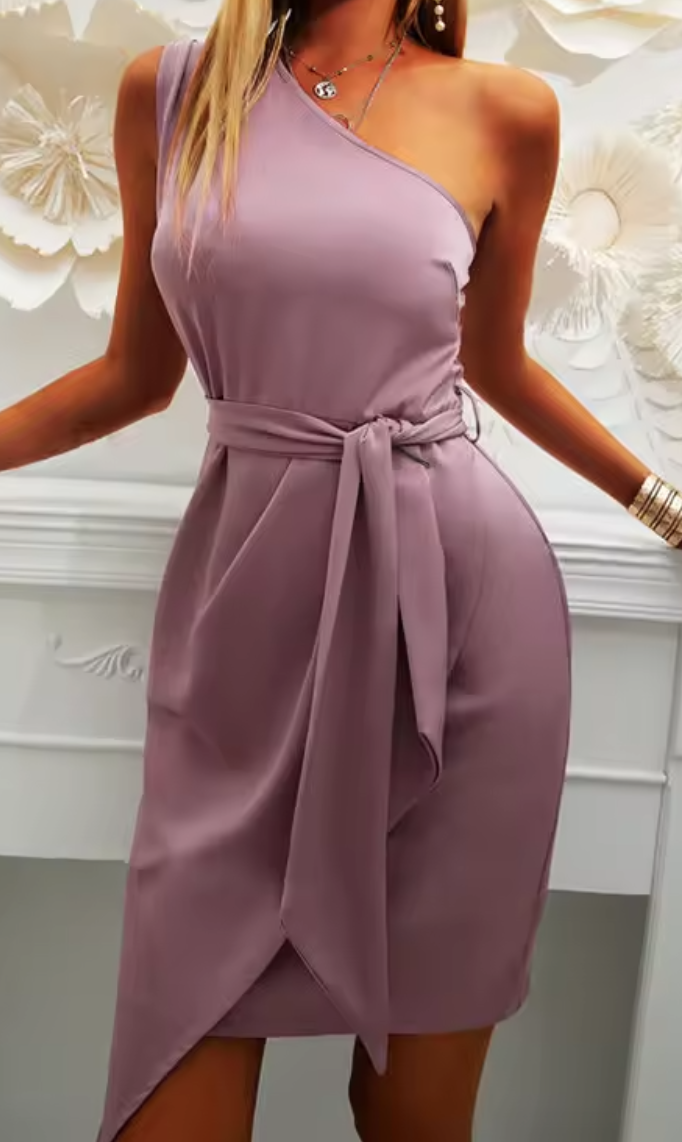 Summer new solid color sleeveless slanted shoulder irregular dress with strap party dress