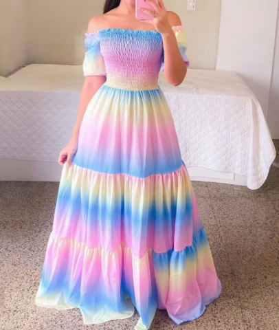 Wholesale elegant and sexy summer women's dress Maxi dress straight shoulder floral dress casual girl's dress