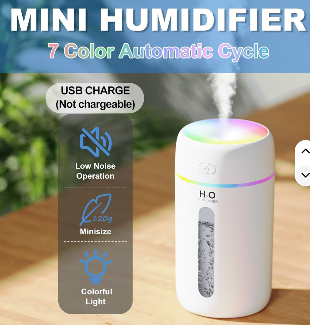 Silent mini battery-powered cold mist humidifier > 5.0 liters capacity for children's room, car, living room, etc. 