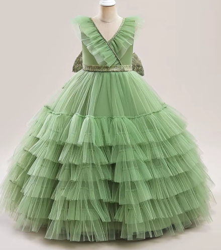 Elegant baby girl princess birthday party dress, lace cake flower three-dimensional pattern