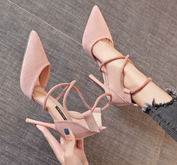 Fashion Sandals Open Sandal Solid Color Suede Pointed Toe Hollow Ankle Cross Straps Women Dress Pumps Heel Shoes