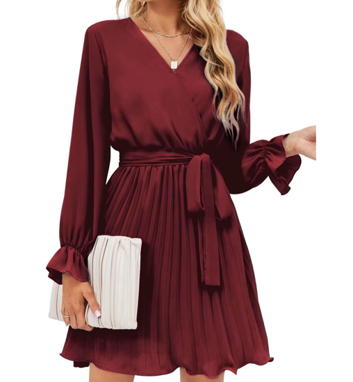 Elegant casual v-neck pleated mini dress with belt women's long-sleeved fashion dress solid pattern natural waistline