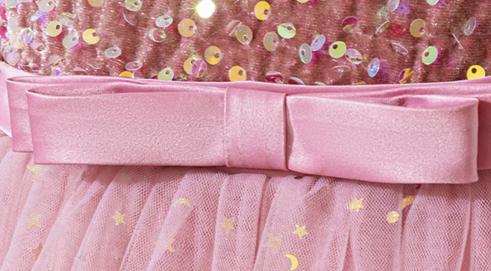 Summer fashion girl princess tulle dress casual o-neck satin floral Maxi design, with belt up to the knee, suitable for children's birthdays