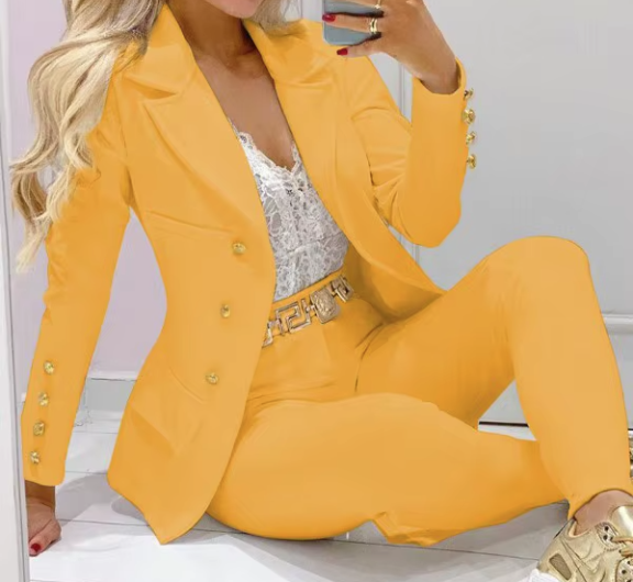 Women's casual elegant small set new solid color two-piece set spring and autumn slim buckle decoration