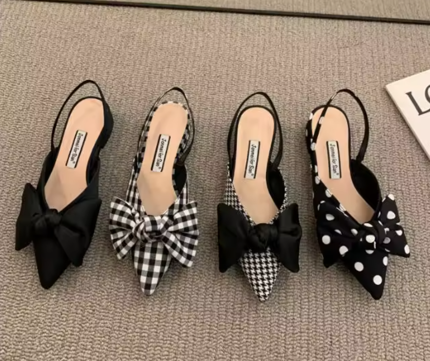 Luxury Thick Heel Bowknot Closed Toe Flat Sandals New Spring Summer Women's Black Polka Dot Low Heel Pumps Shoes